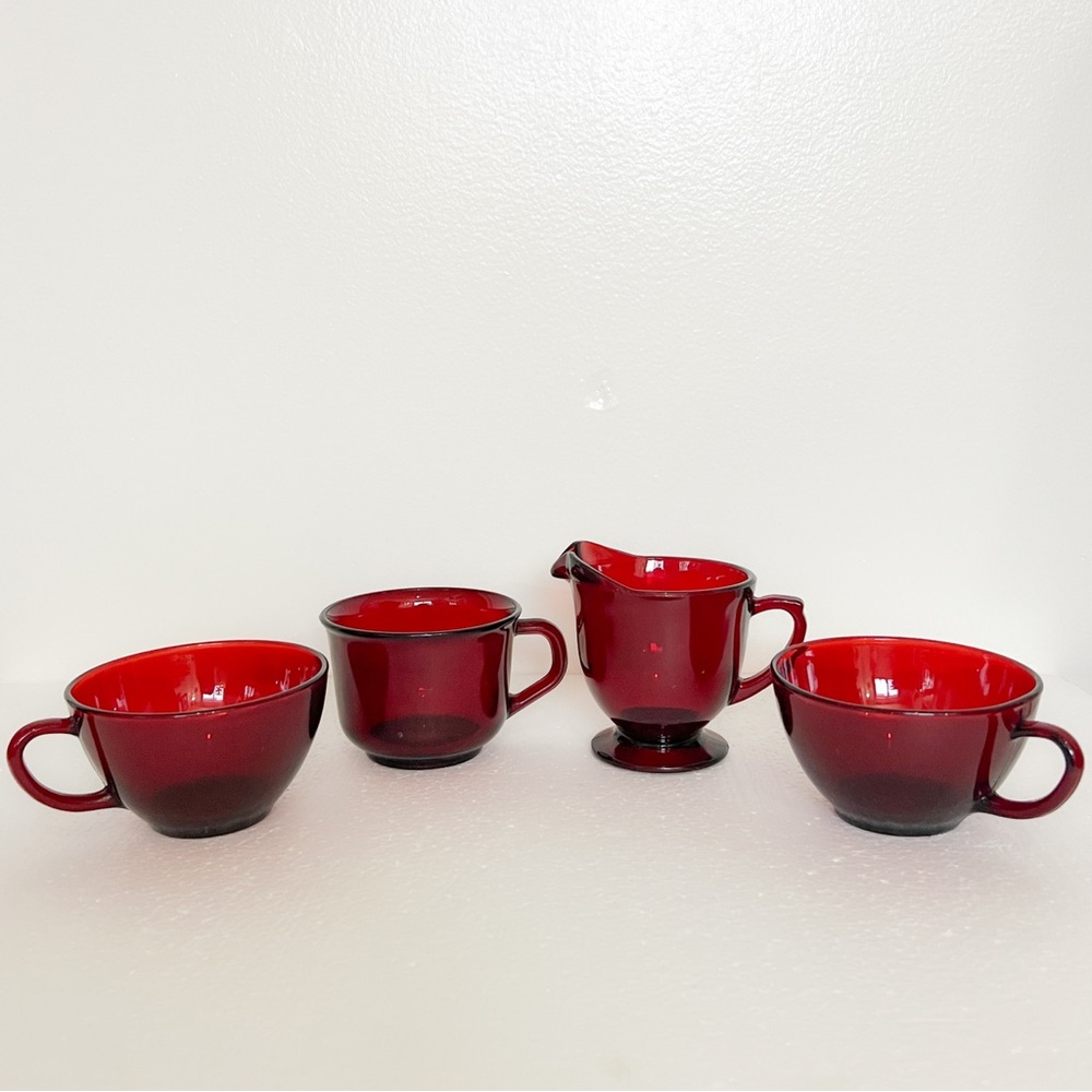 Vintage ruby red glass, coffee cup creamer, punch anchor hocking, Arcoroc France